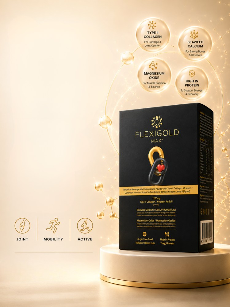 FlexiGold Max product with Type II Collagen, Seaweed Calcium and Magnesium Oxide highlights